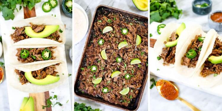 carnitas collage with tacos on left and right and sheet pan in middle