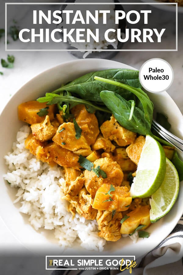 Instant pot chicken curry in bowl with rice, spinach and lime horizontal close up image with text at top