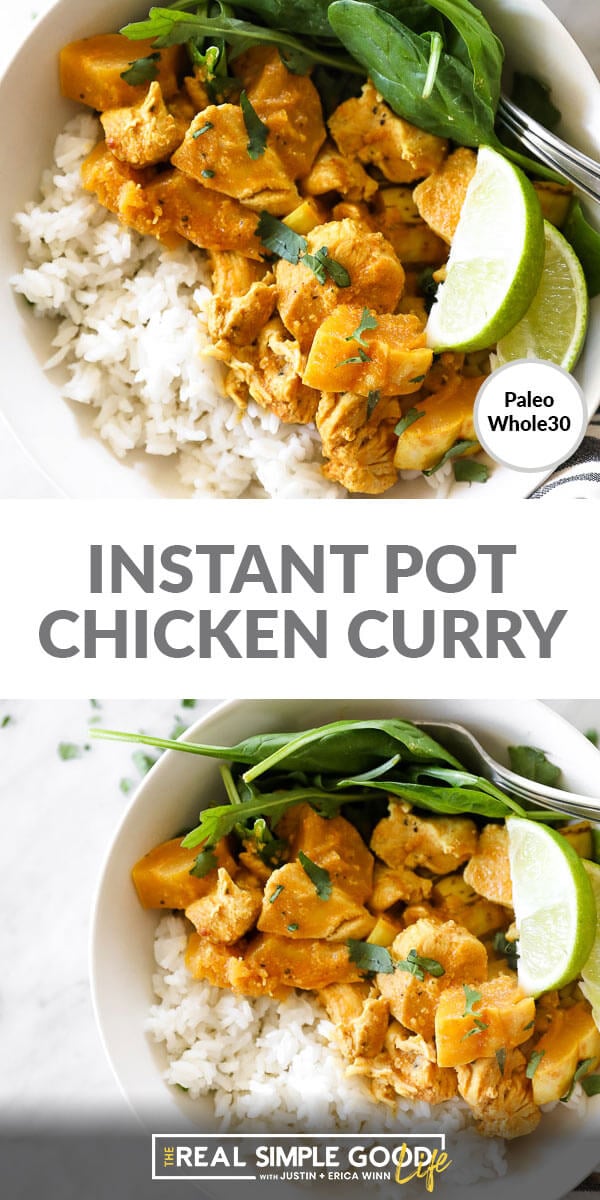 Split image with text in middle. Chicken, rice and spinach in bowl at top and at bottom