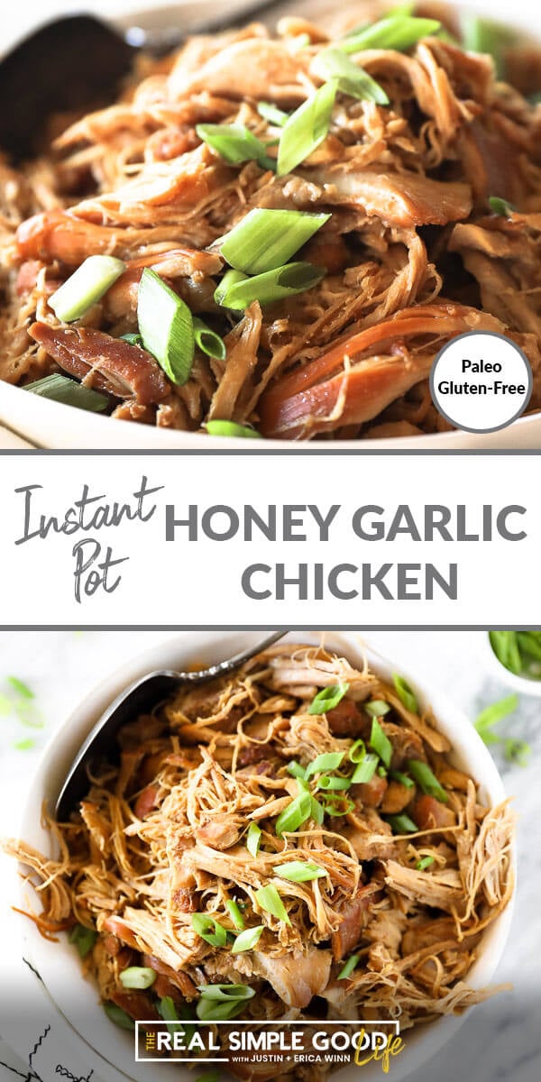 Vertical split image with text overlay in the middle. Top image close up angled image of honey garlic chicken. Bottom image of chicken a bowl with a serving spoon. 