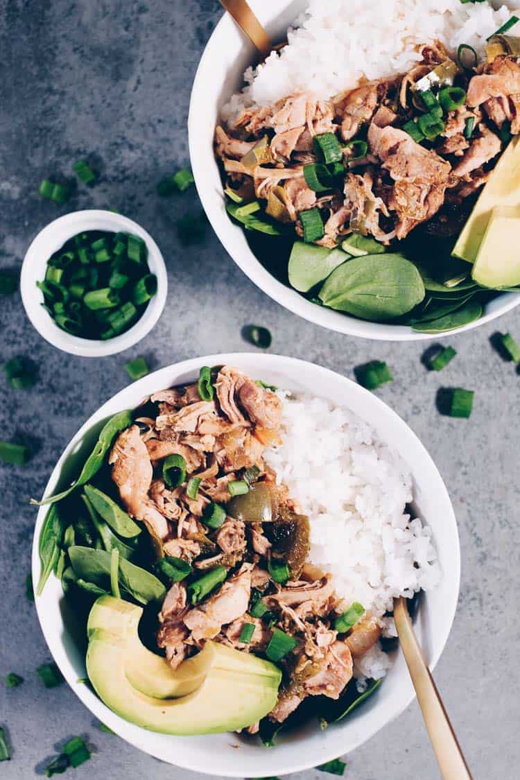 For this southwest chicken and rice, we've used a base of greens (just whatever greens you love and have on hand), white or cauliflower rice and the chicken mixture with some extra saucy goodness spooned on top. We added some healthy fats with a little avocado and sprinkled chopped green onion on there. #paleo #whole30 #instantpot | realsimplegood.com