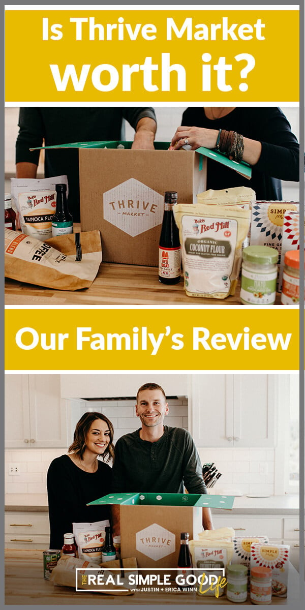 Split image with text overlay of is thrive market worth it, our family's review. Images of couple with a box and food products on the counter.