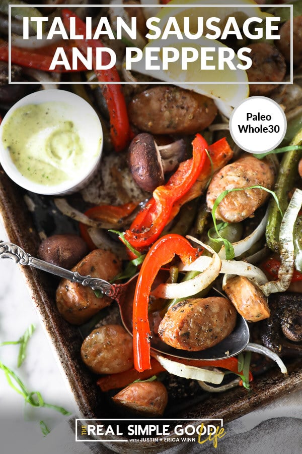 Vertical image with text overlay at top. Close up of italian sausage and pepper on a sheet pan with a serving spoon. 