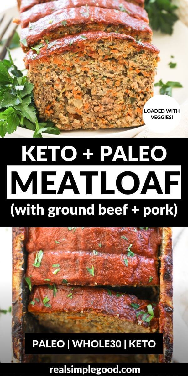 Vertical split image with text overlay in the middle. Top image is of one slice of meatloaf. Bottom image of sliced meatloaf in a loaf pan.