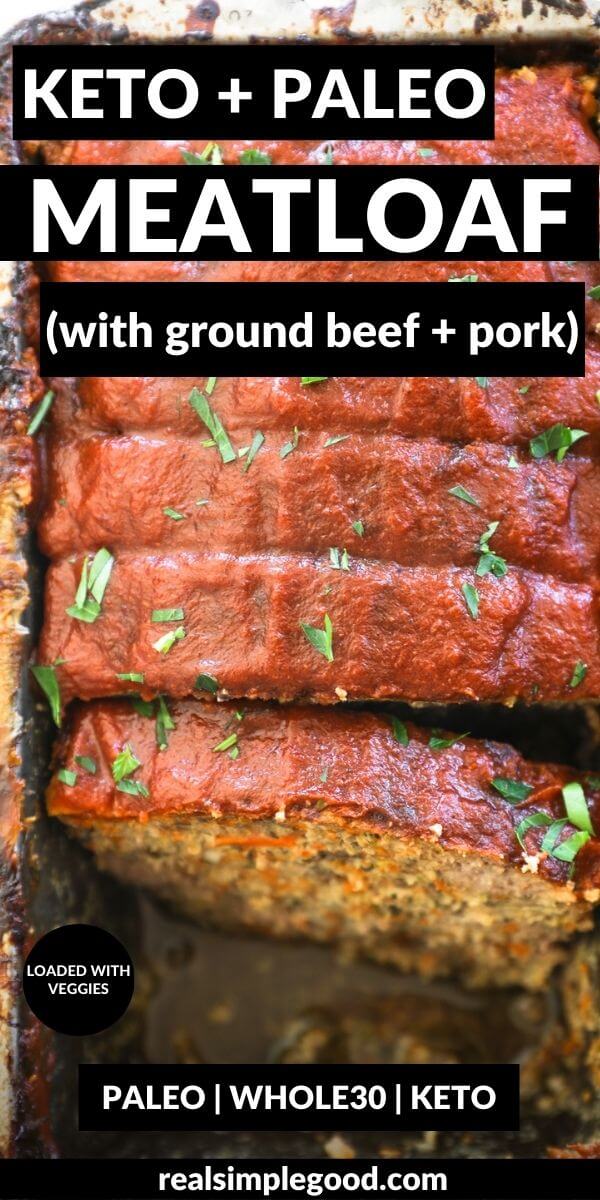 Vertical image with text overlay at the top. Image of sliced meatloaf in a pan with a couple of pieces removed from the pan.