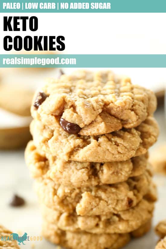 Close up stack of keto cookies with text overlay at top for pinterest. 