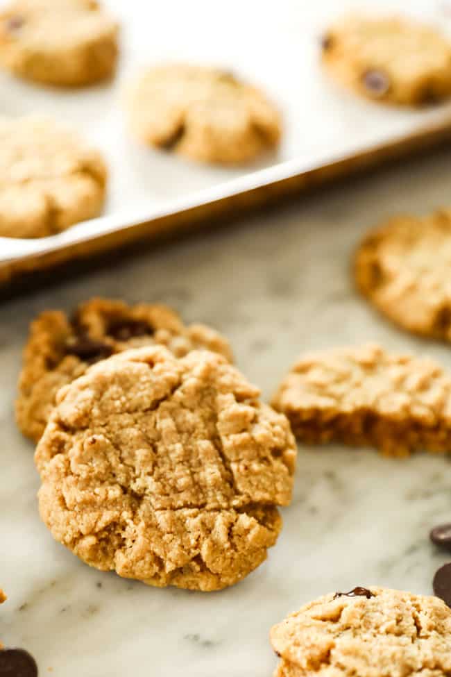 Close up of sugar-free peanut butter, keto cookie.