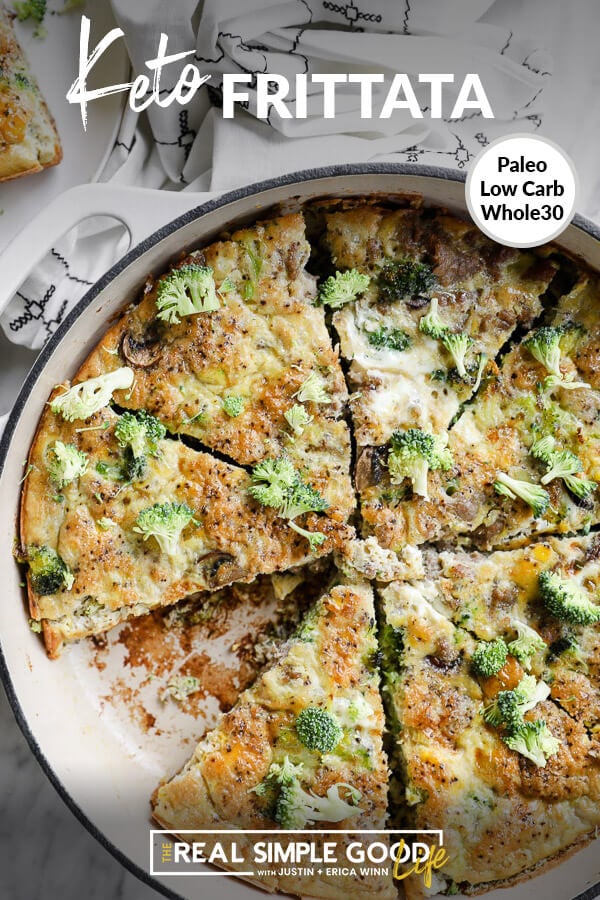 Vertical overhead image of breakfast frittata in skillet with a piece removed. Text overlay at top of image that says "Keto Frittata - Paleo, Low Carb, Keto".  
