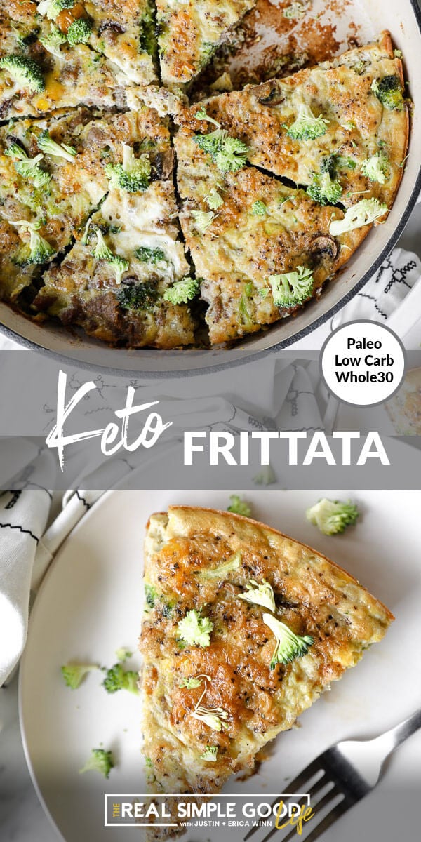 Split vertical image with text overlay in the middle that says "Keto Frittata - Paleo, Low Carb, Whole30". Top image of frittata in skillet with piece removed and bottom image of one piece served up on a plate with a fork. 