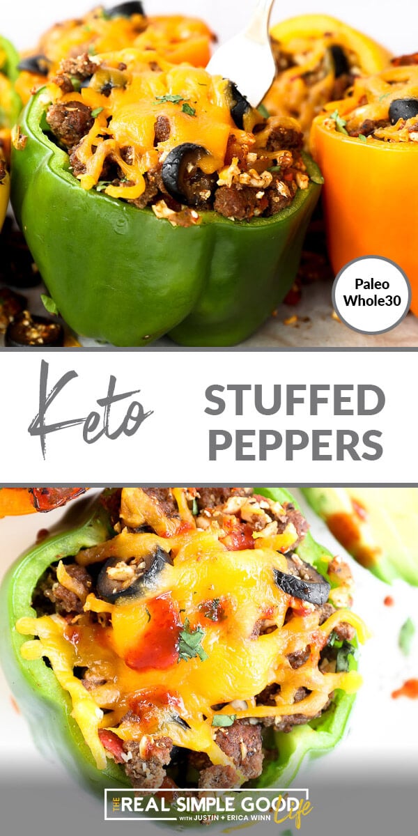 Split image with text in middle. Close up of stuffed pepper with fork coming out on top and close up of single stuffed pepper at bottom.