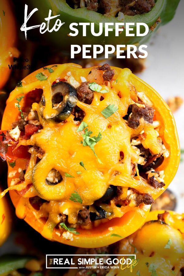 Stuffed bell pepper topped with melted cheddar cheese with text at top