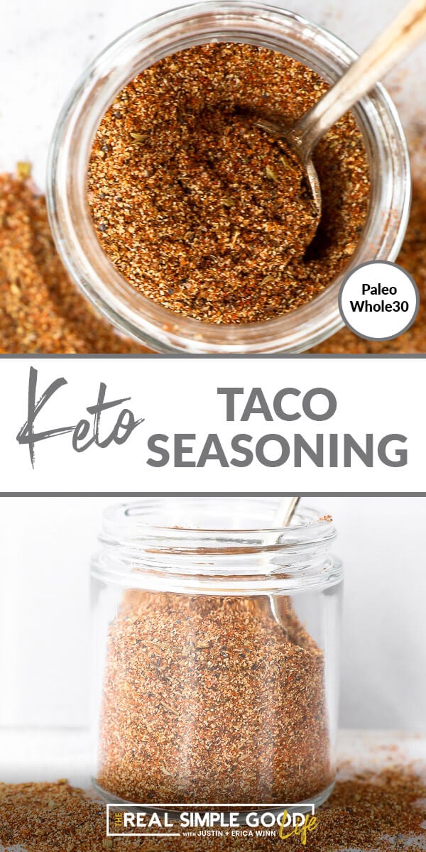 Split image with text in middle. Close up overhead shot of seasoning in jar on top and straight on shot of seasoning in jar on bottom