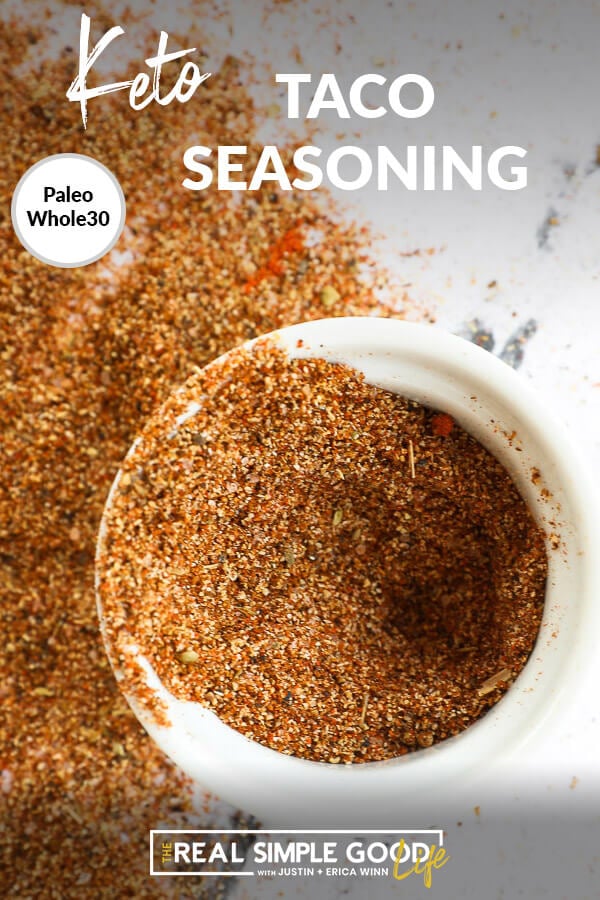 Image with text a top of taco seasoning in a ramekin and seasoning spilled out