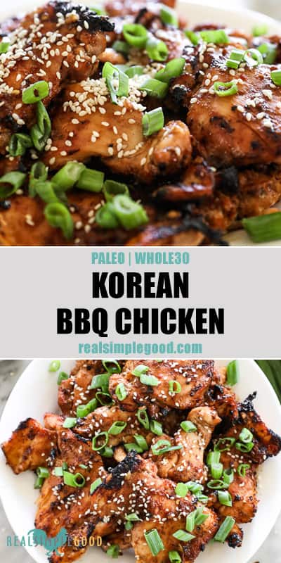 Two images of korean bbq chicken - one close up angle and one overhead on a plate with text overlay in the middle for pinterest. 