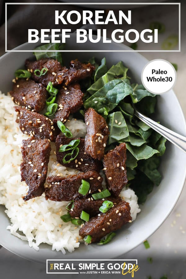 Korean beef bulgogi in a bowl with kale and rice close up vertical image with text at top