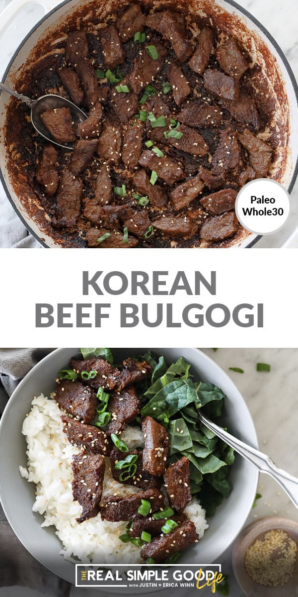 Spit image with text in middle. Beef pieces in pan at top and beef over kale and rice at bottom