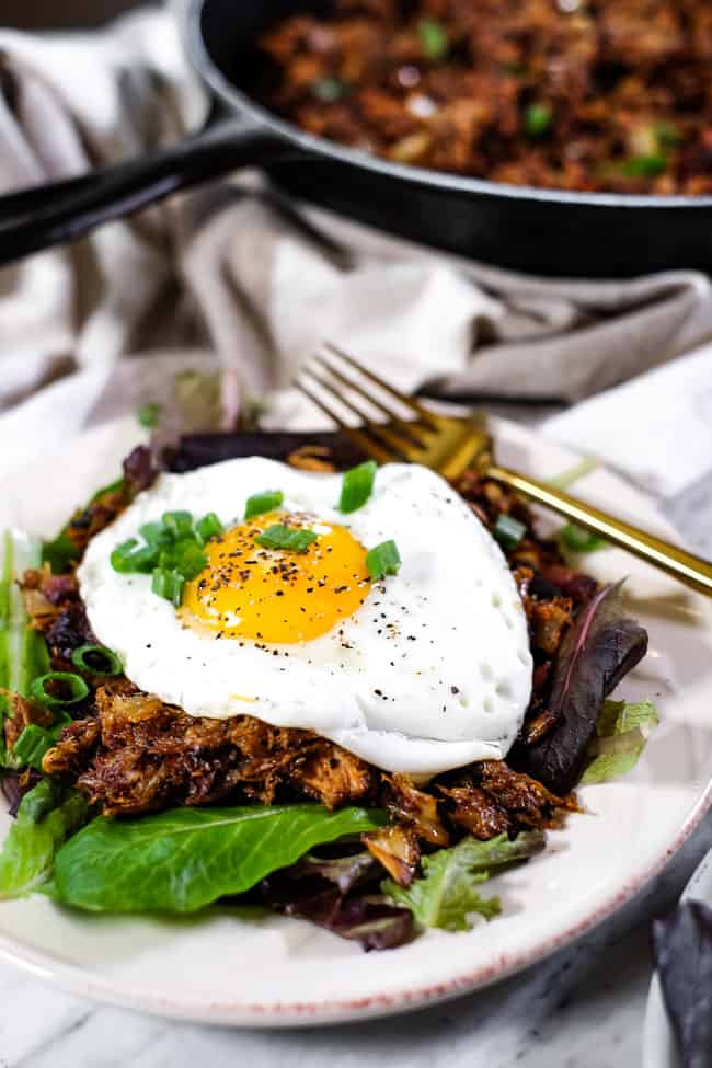 Leftover pulled pork hash on a plate with and egg on top