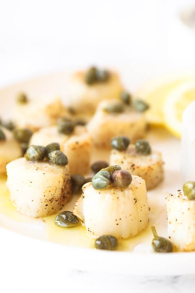 Straight on close up shot of cooked scallops with caper butter sauce