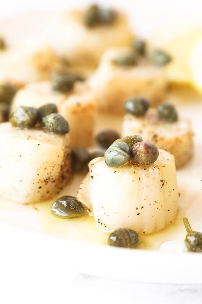 Extreme close up shot of scallops on a plate with lemon butter sauce and capers on top