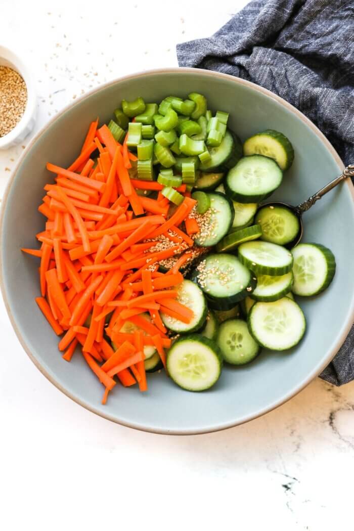 Overhead image of a bowl with crunchy cucumber salad ingredients all separated out - cucumber rounds, carrot matchsticks and chopped cucumbers. Sauce and sesame seeds in ramekins on the side.