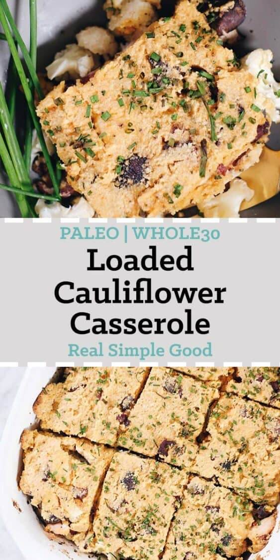 Loaded Cauliflower Casserole long pinterest image with text