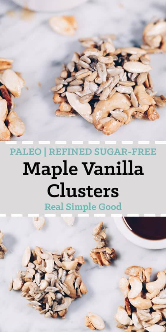 My favorite combo is always salty and sweet. That must be why I love these Paleo Maple Vanilla Clusters. They've got the perfect amount of salty, sweet goodness and they're refined sugar-free. #paleo #paleotreats #refinedsugarfree #cleantreats | realsimplegood.com