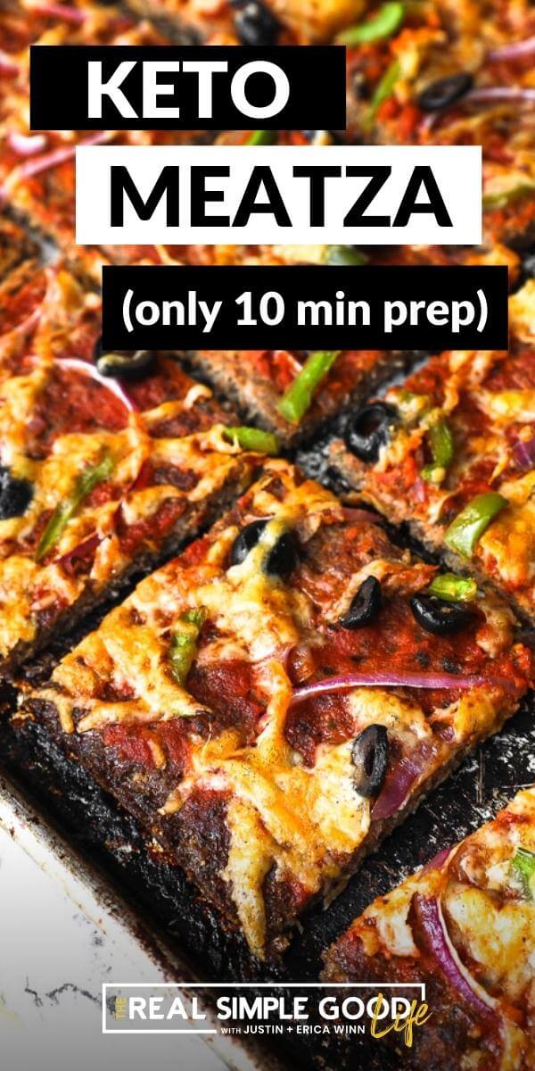 Vertical image with text overlay at the top. Angled image of low carb meatza on a sheet pan. 