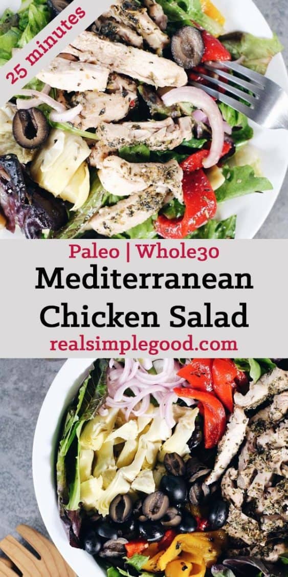 The flavors of this Paleo + Whole30 mediterranean chicken salad take it a notch above the typical salad. It's fresh, flavorful and so easy to make! Filled with fresh lettuce, chicken, olives, roasted peppers, artichoke hearts, red onion and homemade dressing. Paleo + Whole30. | realsimplegood.com