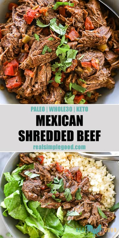 Mexican shredded beef split vertical image with text in middle. Beef in bowl on top and beef with rice and lettuce on bottom