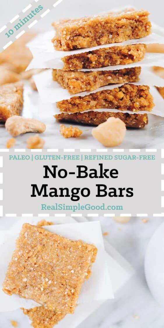 These Paleo No Bake Mango Bars are the perfect snack to make and have on hand. They have only seven ingredients and take about 10 minutes of your time! Paleo, Gluten-Free + Refined Sugar-Free. | realsimplegood.com