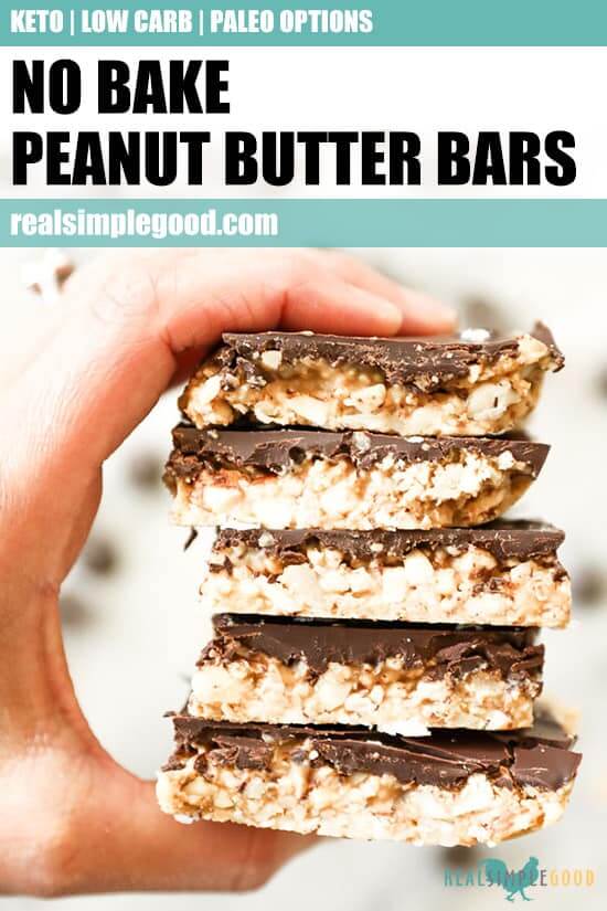 Close up image of holding a stack of peanut butter bars with text overlay at top for pinterest. 