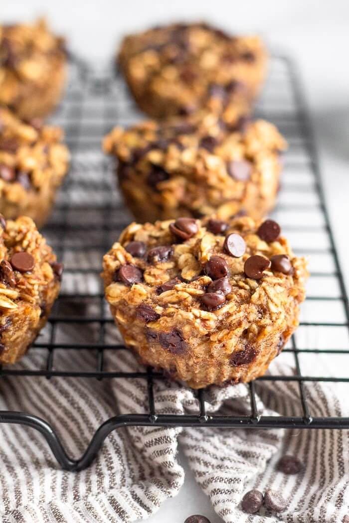 Straight on image of oatmeal chocolate chip muffins on a cooling rack