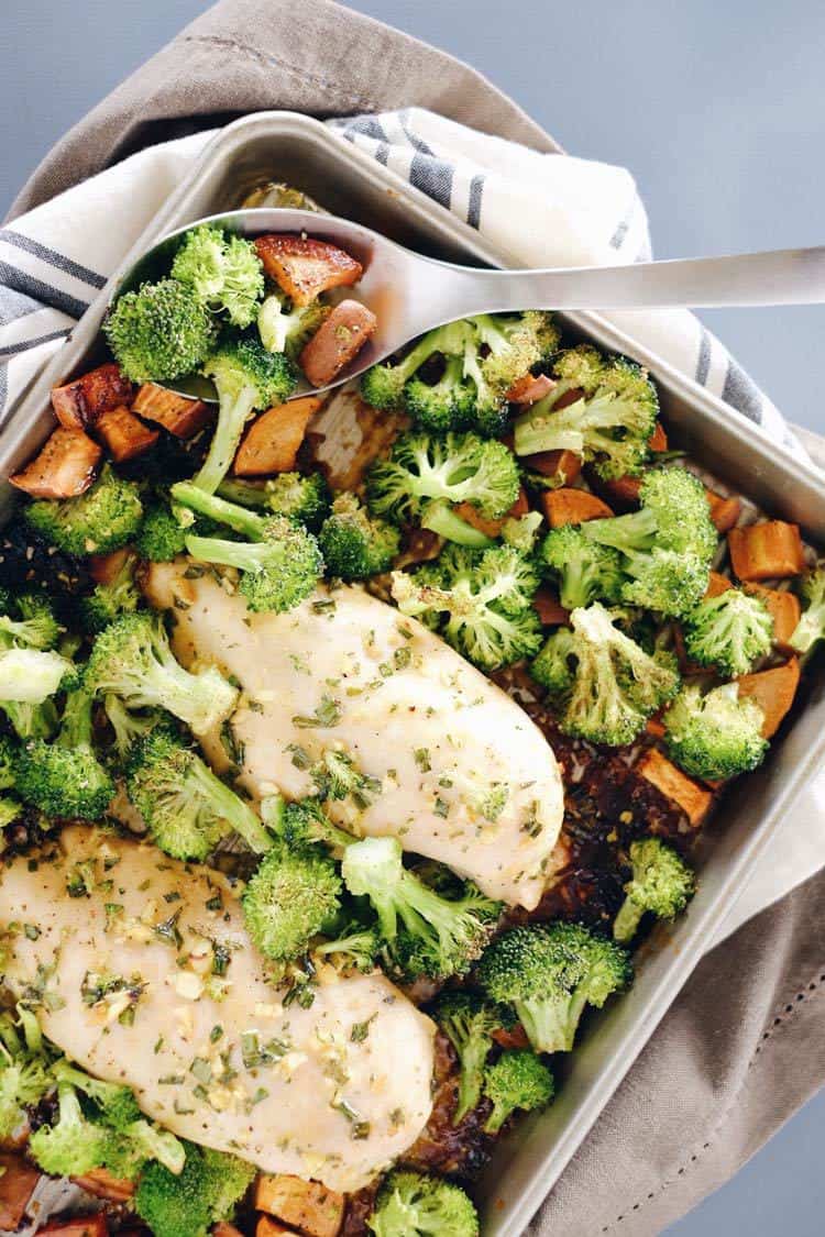 We LOVE the ease of a one pan dish. Our one pan honey garlic chicken has it all, including chicken, sweet potato, broccoli, and a slew of tasty seasonings. Paleo, Gluten-Free + Dairy-Free. | realsimplegood.com