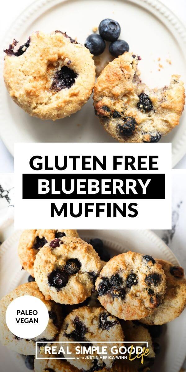 Vertical split image with text overlay in the middle. Top image is of two muffins on a plate with one muffin having a bite taken out of it. Bottom image is overhead image of blueberries stacked on a plate. 