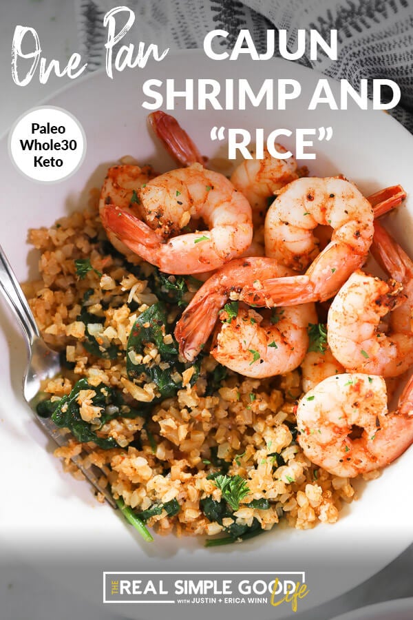 Close up overhead shot of cajun shrimp and rice in bowl with fork. Text overlay at top of image that says "Cajun Shrimp and "Rice" - Paleo, Whole30, Keto". 