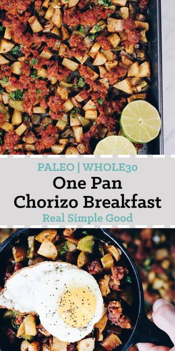 Spend a little time making this Paleo and Whole30 One Pan Chorizo Breakfast Bake. Just re-heat it for breakfast. Trust us, your morning self will thank you! | realsimplegood.com