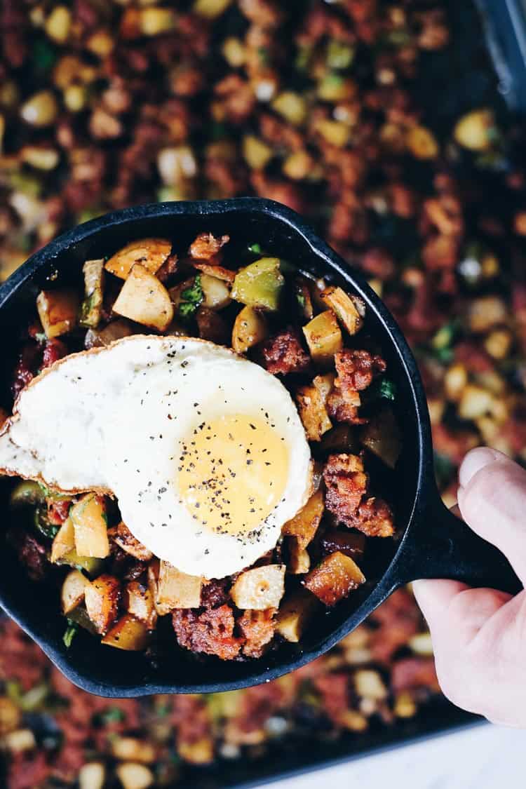Spend a little time making this Paleo and Whole30 One Pan Chorizo Breakfast Bake. Just re-heat it for breakfast. Trust us, your morning self will thank you! | realsimplegood.com