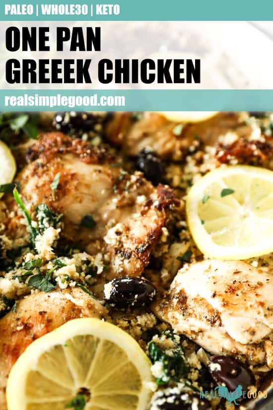 Close up angled shot of greek chicken in skillet with text overlay at top for pinterest. 