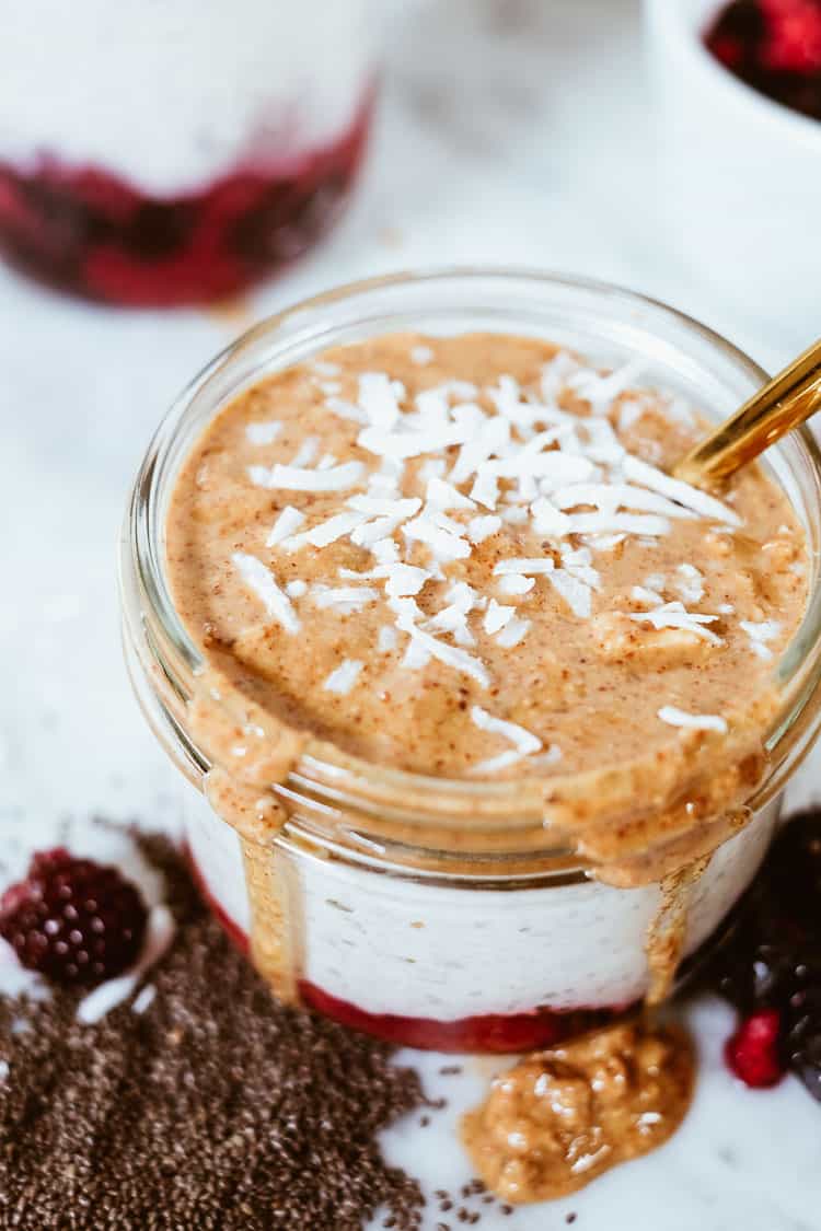 "PB" and jelly healthy overnight oats close up angle