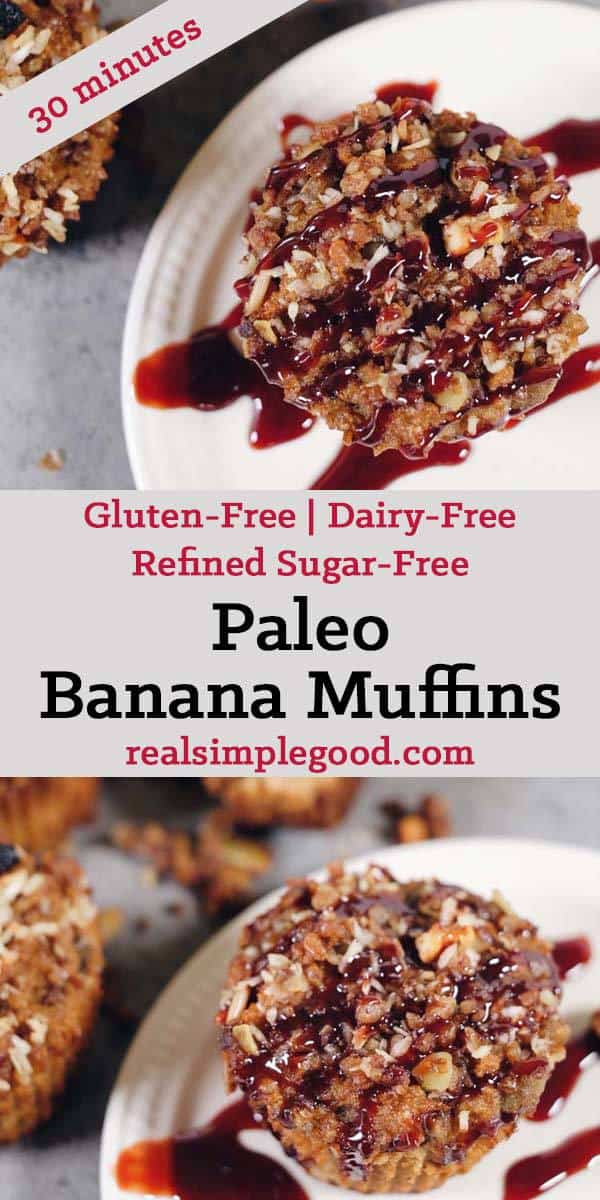 These crumbly topped Paleo banana muffins are the perfect snack or treat to grab and go and feel satiated, but not go overboard. Gluten-Free, Dairy-Free + Refined Sugar-Free. | realsimplegood.com