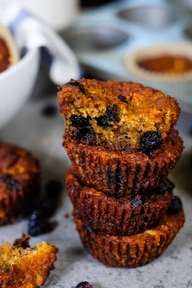 Paleo blueberry muffins stacked. 