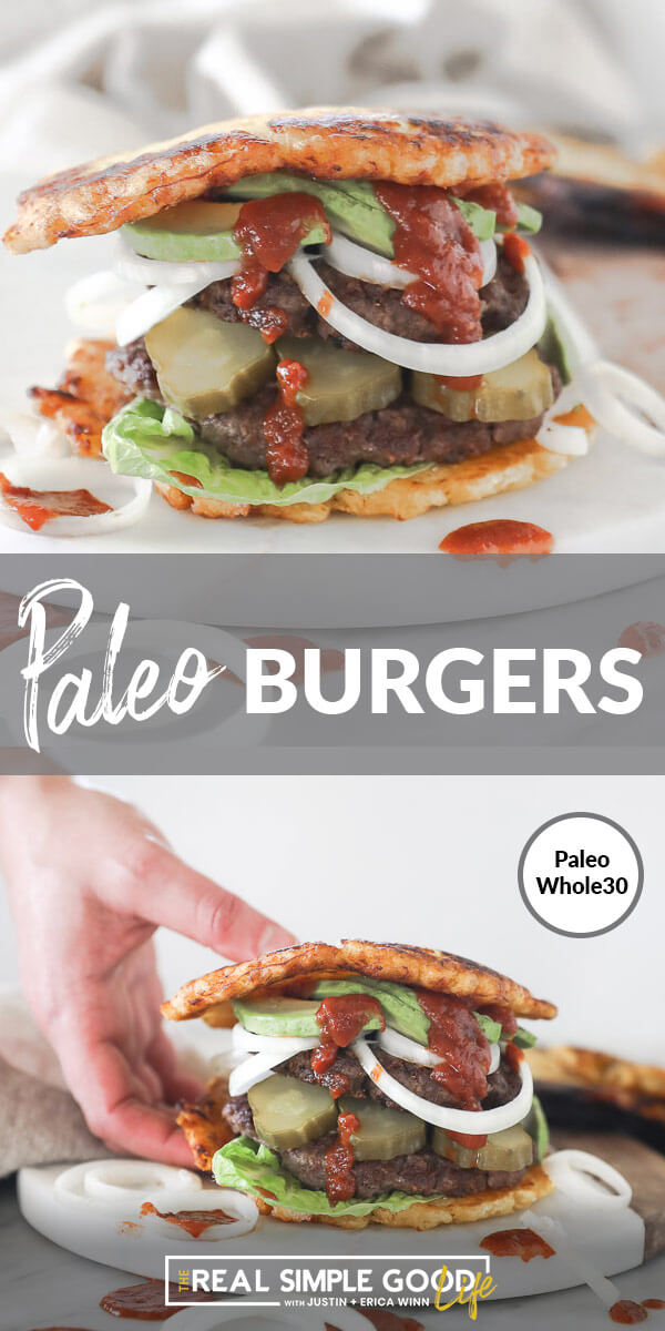 Split image with text in middle. Straight on shot of paleo burger with toppings and ketchup on top and burger being picked up by hand at bottom.