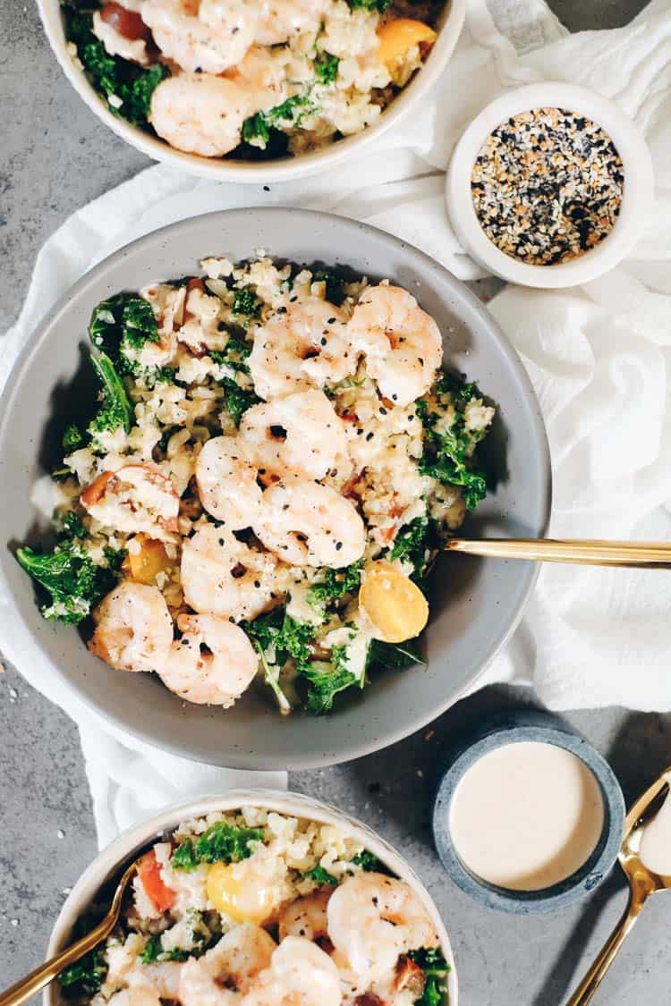 Almost everything is better in a bowl, and most definitely these Paleo cauliflower rice bowls with shrimp! They are Whole30, quick and easy to make! Paleo + Whole30 | realsimplegood.com