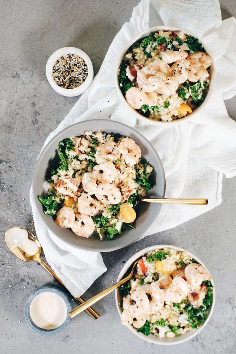 Almost everything is better in a bowl, and most definitely these Paleo cauliflower rice bowls with shrimp! They are Whole30, quick and easy to make! Paleo + Whole30 | realsimplegood.com