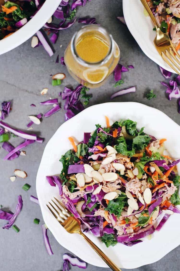 One of my favorite salads to make ahead of time and enjoy the leftovers for lunch is this Whole30 and Paleo Chinese chicken salad. It's packed with colorful veggies (cabbage, carrots, kale, onions and celery) plus easy shredded chicken and a simple dressing. Paleo + Whole30 | realsimplegood.com