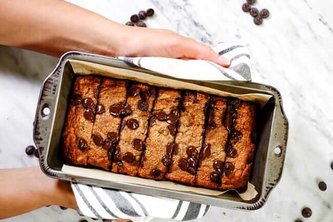 Paleo chocolate chip banana bread in bread pan. 