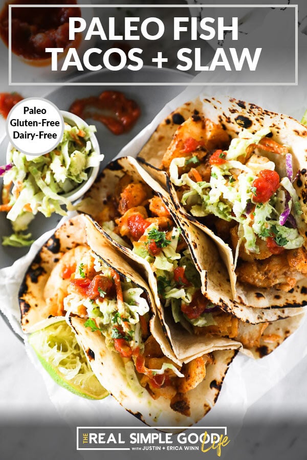 Close up overhead vertical image of fish tacos on a plate with text overlay at top. 