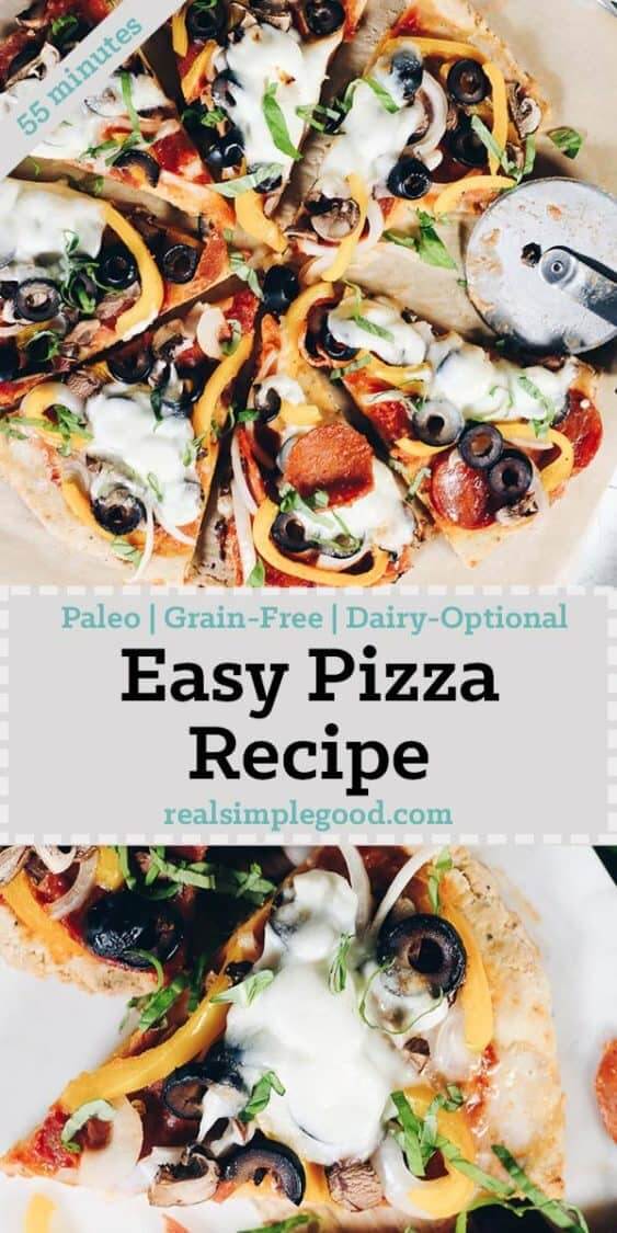 This Paleo pizza recipe is delicious and also uncomplicated and easily customized. The crust is buttery and a little flaky, yet strong enough to pick up! Paleo, Grain-Free and Dairy-Optional | realsimplegood.com