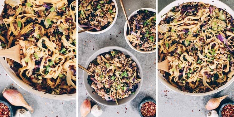 These Paleo potsticker noodle bowls are the BEST! Filled with cruciferous veggies, grain-free pasta and deliciously seasoned ground pork! Paleo, Gluten-Free, Dairy-Free + Soy-Free. | realsimplegood.com