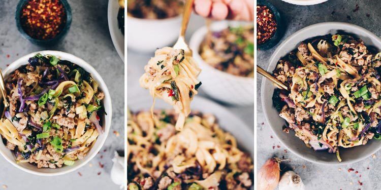 These Paleo potsticker noodle bowls are the BEST! Filled with cruciferous veggies, grain-free pasta and deliciously seasoned ground pork! Paleo, Gluten-Free, Dairy-Free + Soy-Free. | realsimplegood.com